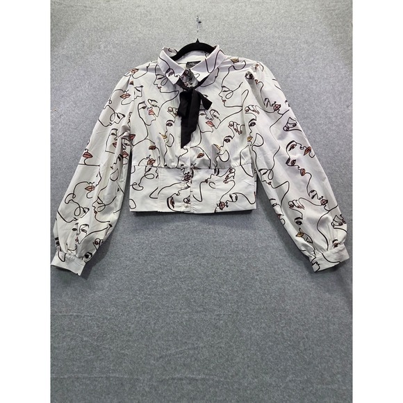 Milk & Honey Tops - Milk & Honey Face Line Art Cropped Blouse White Black Neck Tie Puff Sleeve M